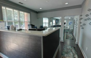 The reception area of a dental office.