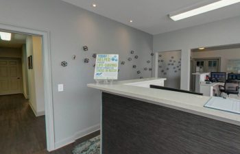 The reception area of a dental office.