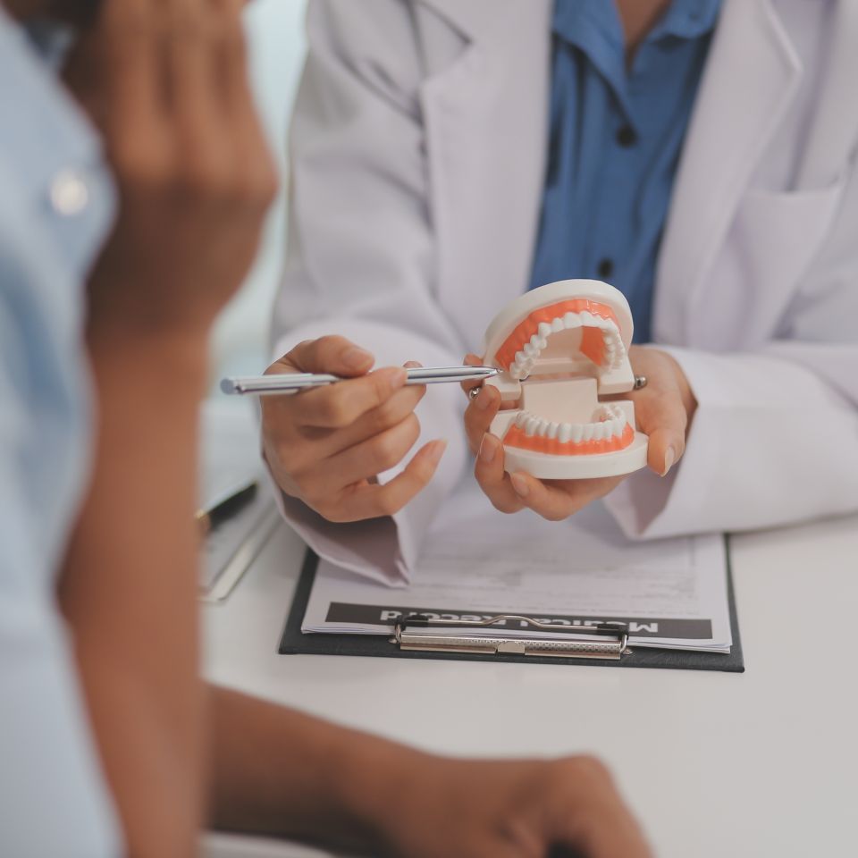 A dentist in a white coat explains dental care to a patient using a model of teeth, with a clipboard and pen on the table.