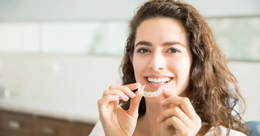 Smiling woman holding clear mouth guard for grinding teeth care