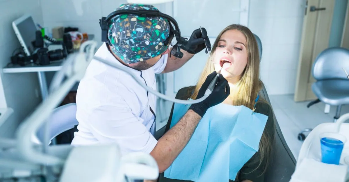 Dentist examining patient for same day tooth extraction procedure