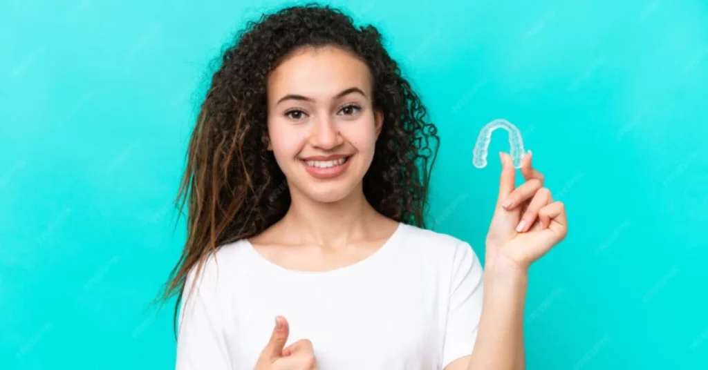 Woman holding Simplyclear Aligners Marietta clear tray smiling
