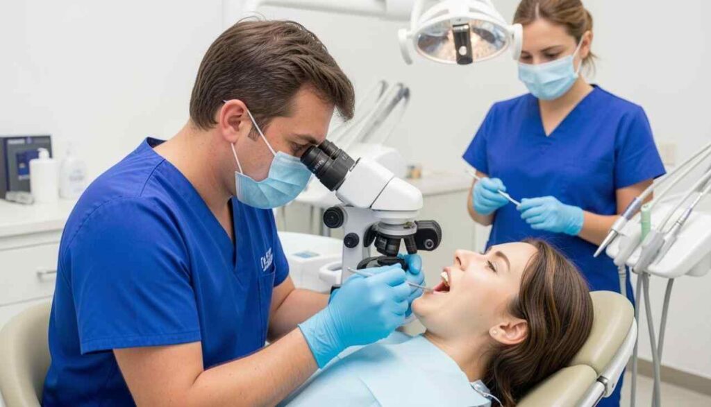 Dentist examines patient's teeth while assistant prepares tools