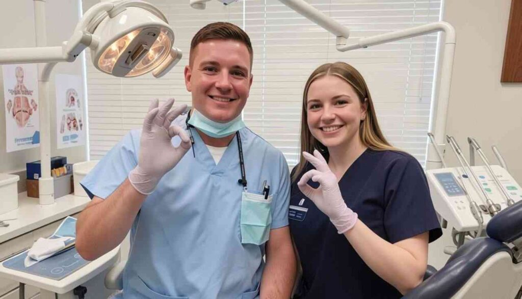Smiling dental team poses in treatment room beside chair.
