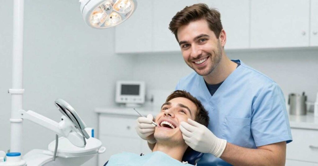 Dentist performing cosmetic dental exam on patient